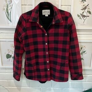 Women's Checkered Utility Shirt Jacket. Flannel with fleece lining and pockets.